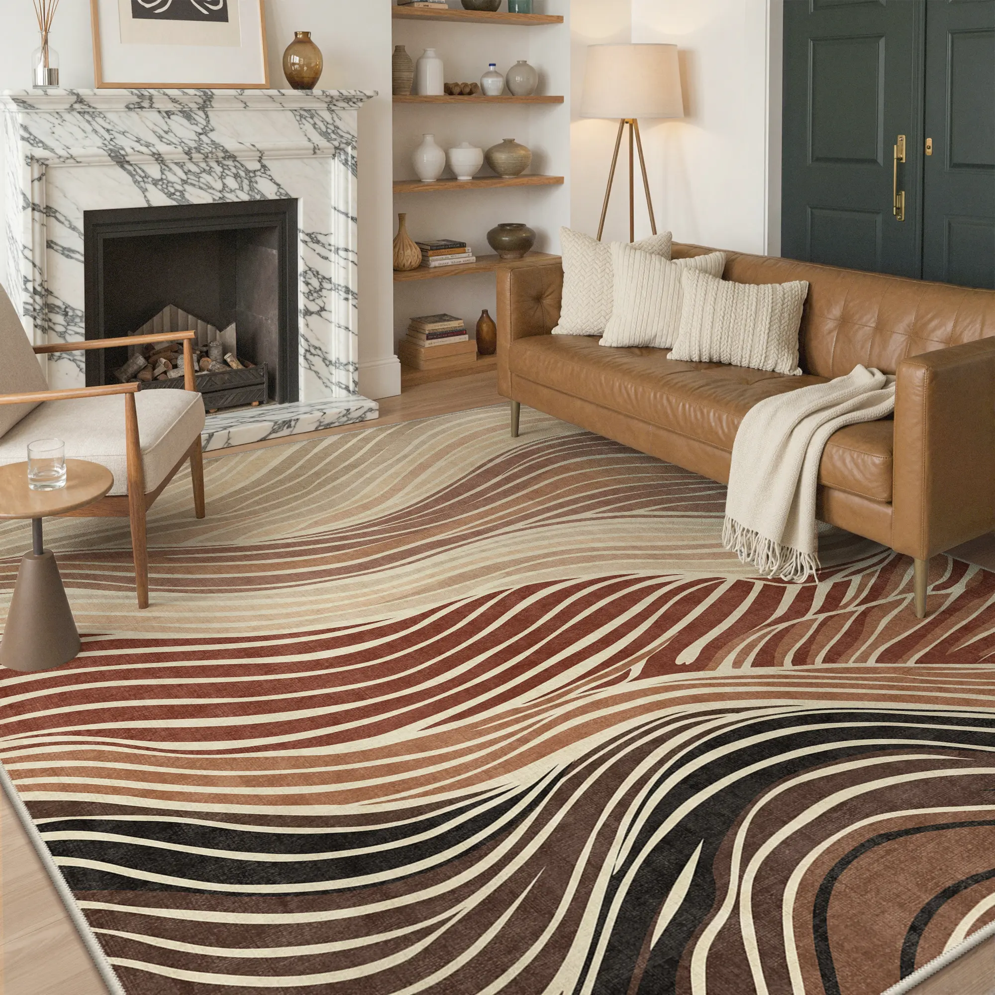 【Back To School】GENIMO Area Rugs for Living Room Bedroom, Modern Abstract Machine Washable Rug, Large Soft Low Pile Floor Carpet with Non Slip Backing for Dining Room, Caramel Sand