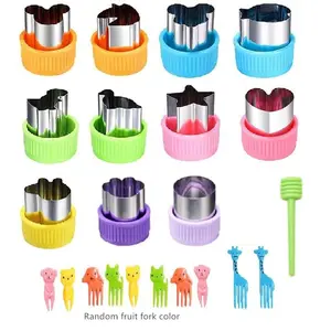 Stainless Steel Fruit & Vegetable Mold Set, 22pcs/set Fruit & Vegetable Mold & Random Color Food Forks, Baking Mold for Home Kitchen, Baking Tools, Cookiecutters