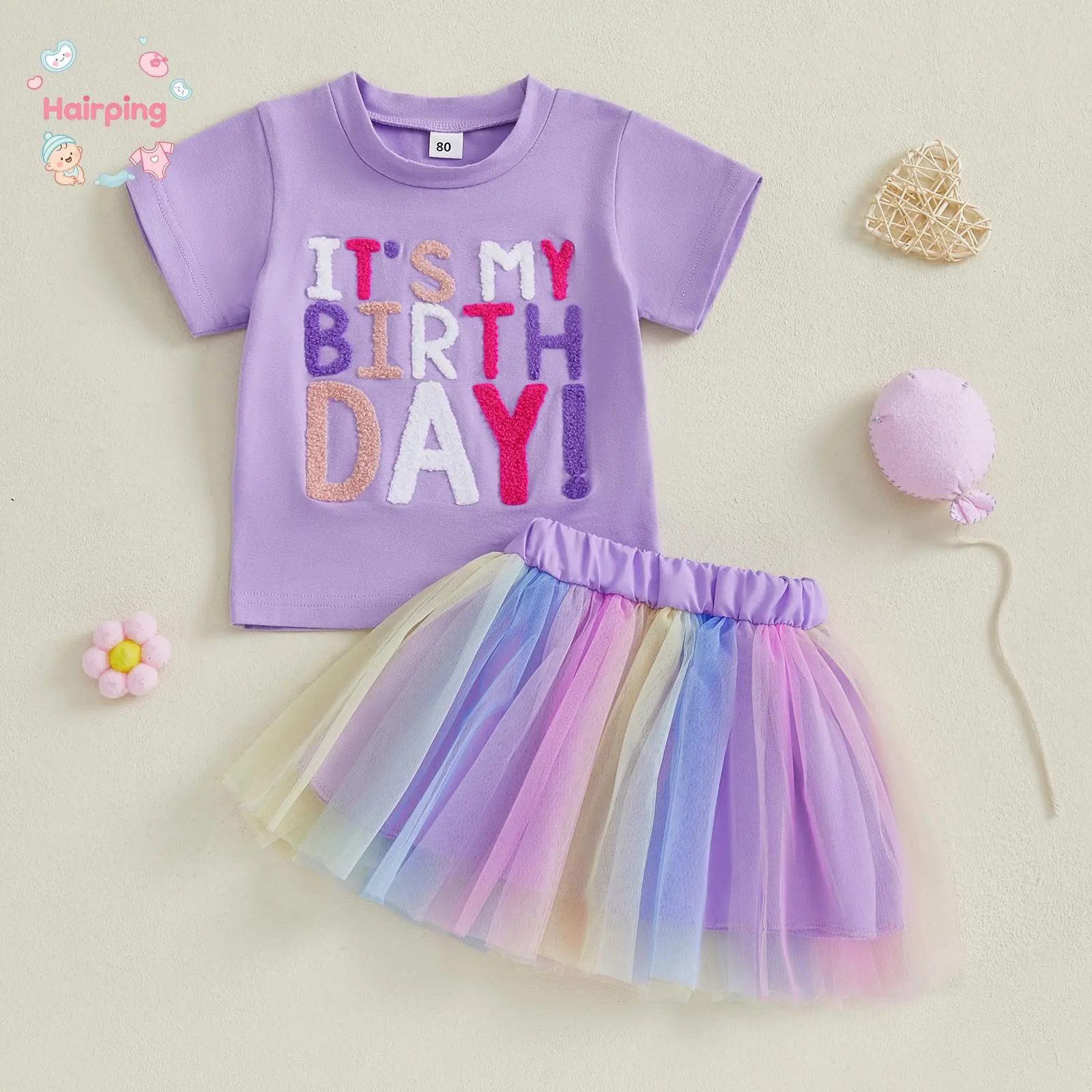 Toddler Girl Birthday Outfit, Letter Embroidery Short Sleeve Crew Neck Tops with Colorful Tulle Skirt, Casual Baby Girls Set, 2 Pcs Set