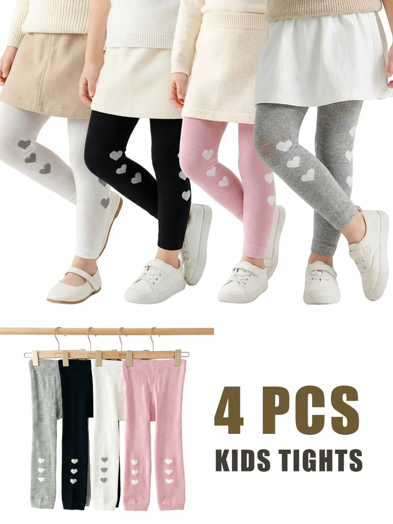 Girls' Simple Pantyhose Set of 4, Medium Thickness, Suitable for Spring and Autumn, Comfortable, Stylish and Casual Women's Underwear, Heart Tights, Stretchy Tights, Tomboy Tights