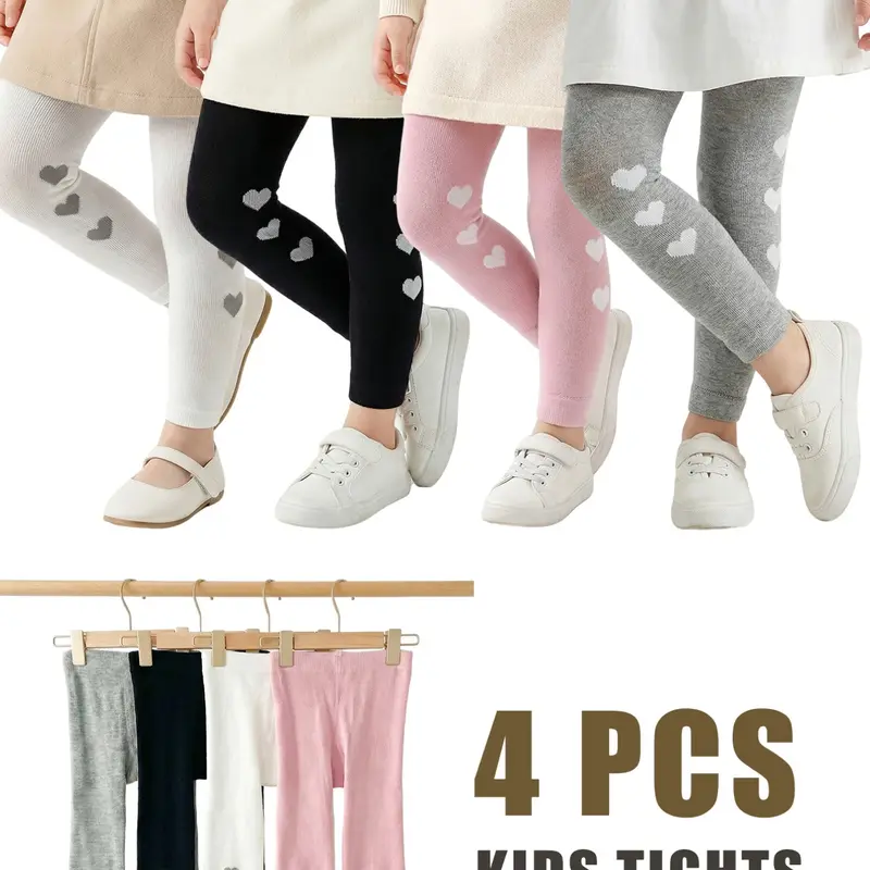 Girls' Simple Pantyhose Set of 4, Medium Thickness, Suitable for Spring and Autumn, Comfortable, Stylish and Casual Women's Underwear, Heart Tights, Stretchy Tights, Tomboy Tights