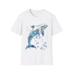 Y2K Dolphin Graphic Tee, Frutiger Aero Aesthetic Softstyle T-Shirt, Retro Vaporwave Summer Streetwear Top, Unisex Adult Casual Cotton Shirt, Trendy 2000s Inspired Graphic Tee, Beach Vacation Outfit, Surf Style Anime-Inspired Fashion Shirt