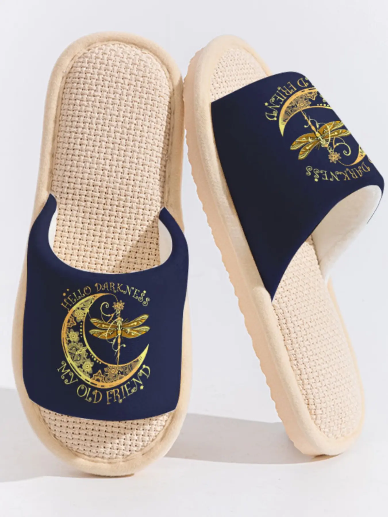Gold Foil Moon Dragonfly "Hello Darkness" Vintage Slippers Cloud-Feeling Mysterious Gothic Style Indoor Outdoor Must-Have