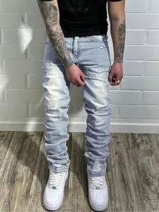 Men's Casual Fashion Ripped Straight-Leg Slim-Fit Jeans. Washed Light Blue Stacked Denim Pants, Comfortable Fabric Suitable for All Seasons, Perfect for Men's Daily Casual Wear.
