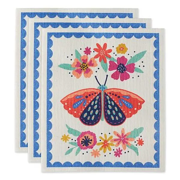 Design Imports Set of 3 Butterfly Folk Swedish Dishcloths
