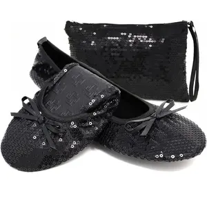 Foldable Sequin Shoes for Women | Comfortable Dressy Flats for Weddings, Parties & Events | Ballet Purse SlippersGift