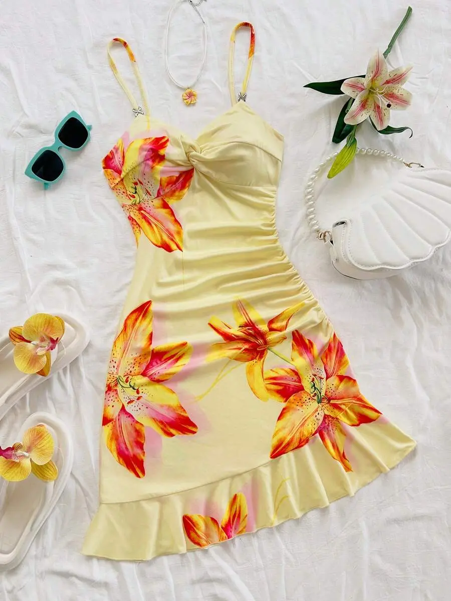 Siren x Soleia Women's Floral Print Twist Design Casual Camisole Mini Dress Woman S Summer Clothes Women Summer Clothing No Chest Padding