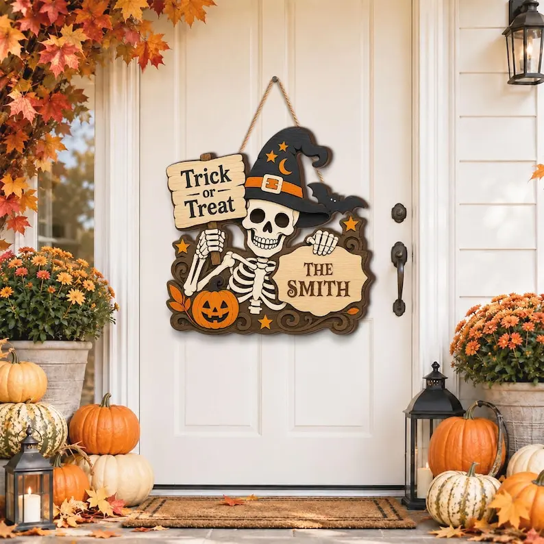 Personalized Skeleton Halloween Door Sign, Custom Family Name Trick or Treat Wooden Hanger, Witch Hat Pumpkin Decor, Spooky Fall Porch Gifts
