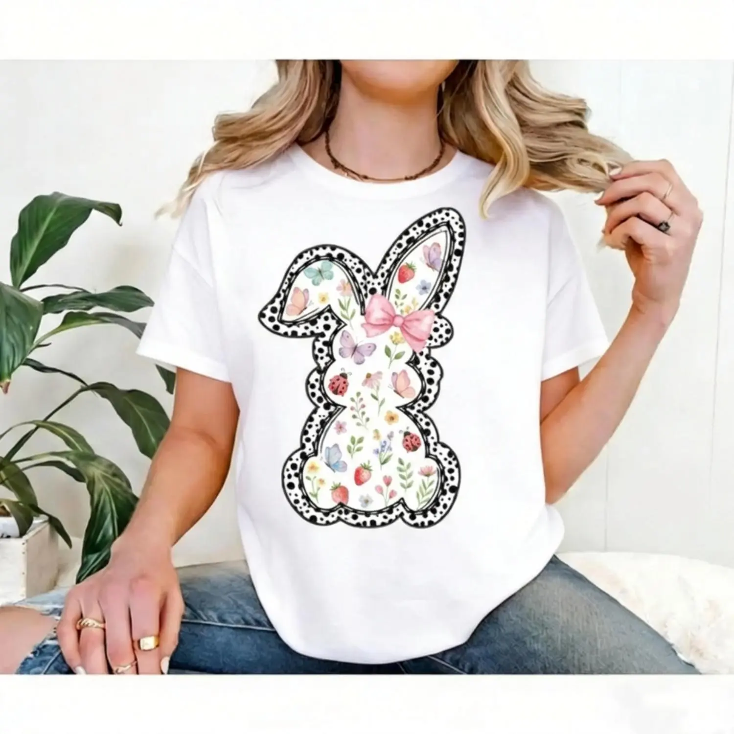 Women Casual Round Neck Short Sleeve T Shirt Featuring Easter Bunny with Pink Bow and Colorful Swirls Printing Perfect for Spring Festival and Holiday Wear Comfortable Lightweight Daily Top