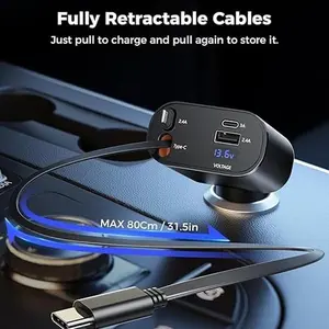 4-Port Retractable Car Charger with Digital Voltage Display - 180° Rotatable, PD 30W Fast Charging, Built-in Cables for iPhone & Android