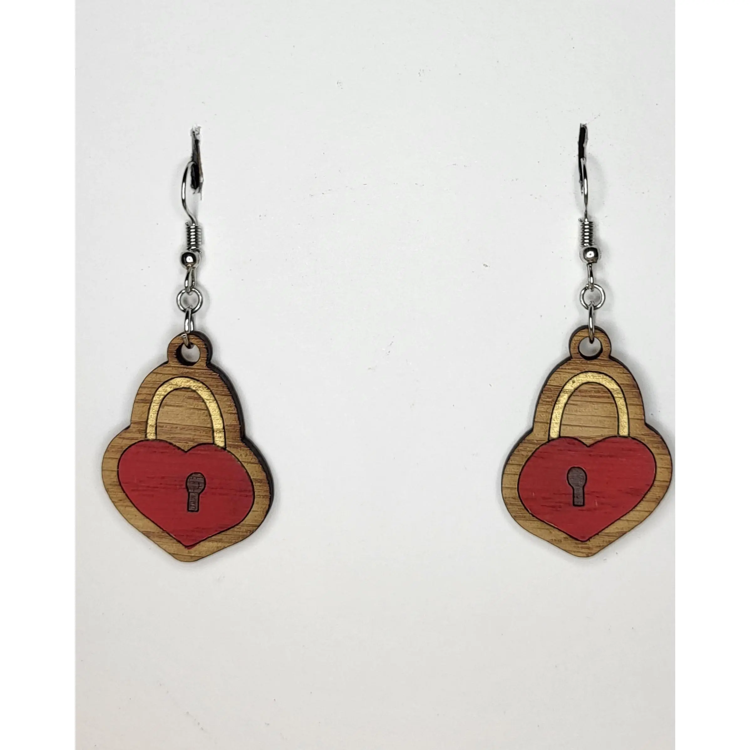 Heart-Shaped Red Padlock Dangle Earrings with Gold Trim – Hand-Painted Jewelry