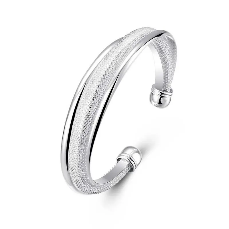 925 Sterling Silver Open Bangle Adjustable Size Mesh Design Women's Wedding Engagement Bridal Silver Jewelry Cuff Bracelet Gift