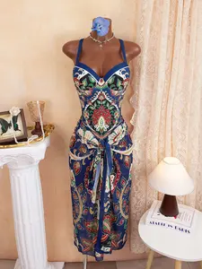 New Vintage One-Piece Swimsuit Set with Sheer Skirt, Full Body Printed Design, Plants Print Swimdress, Ethnic Style Swimwear, Skirted Swim Dress, Skirted Bathing Suit, Versatile Scarf Included