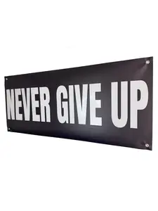 NEVER GIVE UP Banner - 48 x 21 Inch Motivational Wall Decor - Durable 13oz UV Printed Vinyl with 4 Corner Grommets - Gym Office Garage Workout Poster Style Banner - Bold Sturdy Indoor Outdoor Sign" Hanging Banner