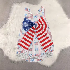 New Cute 4th of July Stripe Flag Print Strap Bow Ruffle Rompers For Baby Girls