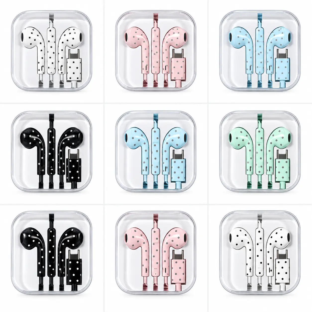 Star & Polka Dot Wired Earbuds USB C Earphones With Microphone, Cute Tech Accessory, Unique Gift, Heavy Bass Earphones with Girly Aesthetic Design for Music, Calls, Gaming & Everyday Use