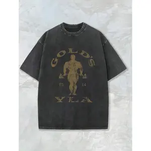 Gym Motivation Design With Golden Lettering & Weightlifting Art Print Washed T Shirt , Round Neck Gym & Outdoor Sports Apparel, All-Season Fitness Shirt, Training Gear, Sporty Design, Durable Construction, Performance Wear, Casual Athletes,