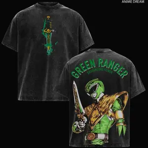 Green Ranger Power Rangers Edition Double Printed Oversize Lightweight Acid Washed Tee TV Series Graphic Design Top Cotton Streetwear Movie T-Shirt Clothes Menswear Womenswear Apparel Classic, Oversize Shirt, Cotton Tee 9K8