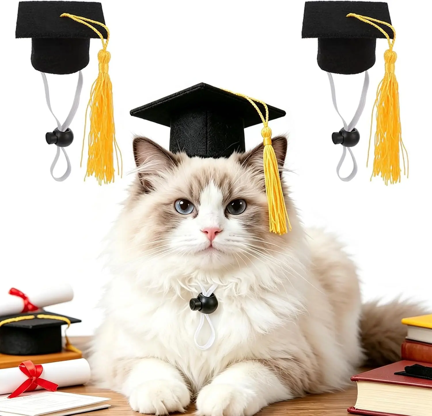 2Pcs Fabric Mini Graduation Cap Set with Tassel, Small Animal Bachelor Hats, Cat Dog Graduation Photo Props, Holiday Costume Accessories (Yellow)