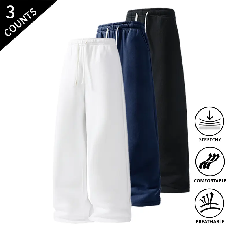 3-Pack Men’s Straight-Leg Casual Pants, Elastic Drawstring Waist, Soft Stretch and Breathable Fabric, Comfortable Loungewear and Streetwear Pants for Men