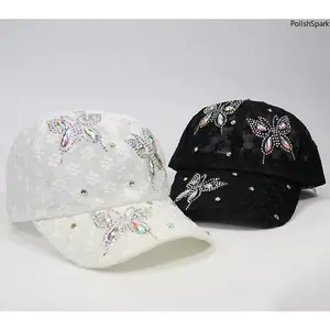 Women's Floral Lace Butterfly Rhinestone Baseball Cap – Breathable Mesh Trucker Hat | Y2K Bling Crystal Adjustable Sun Cap for Summer Outdoor Sports Tennis Festival