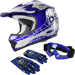 Youth Motocross Offroad Street Dirt Bike Helmet Youth Motorcycle ATV Helmet with Goggles Gloves Blue Skull L