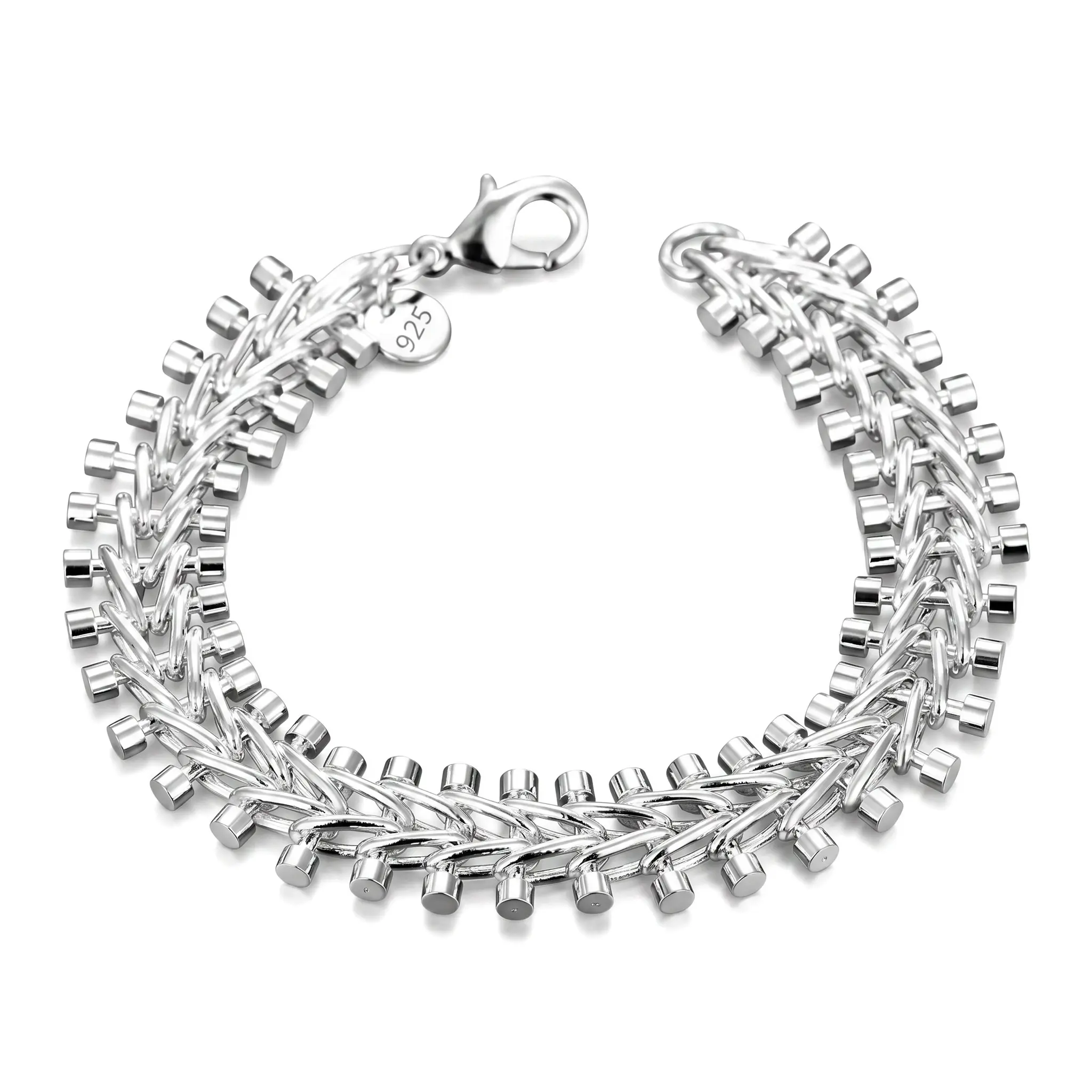 925 Silver Fishbone Link Bracelet for Men, Heavy 29g Skeletal Geometric Weave Chain Bracelet with Lobster Clasp, Architectural Bold Statement Luxury Silver Jewelry Gift for Birthday Anniversary Father’s Day