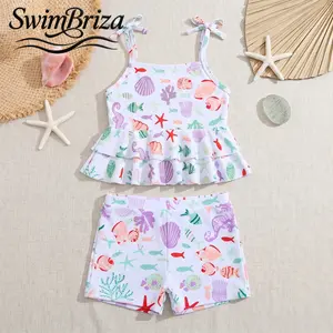 Briza｜Girls' Two Piece Tankini Swimsuit Set Ruffle Peplum Top with Shorts White Sea Life Print Tie Strap Bathing Suit Beach Swimwear Summer Pool Vacation Resort Kids Swimsuits 2 Piece Bathing Suits, Girls Swimwear, Kids Bathing Suit