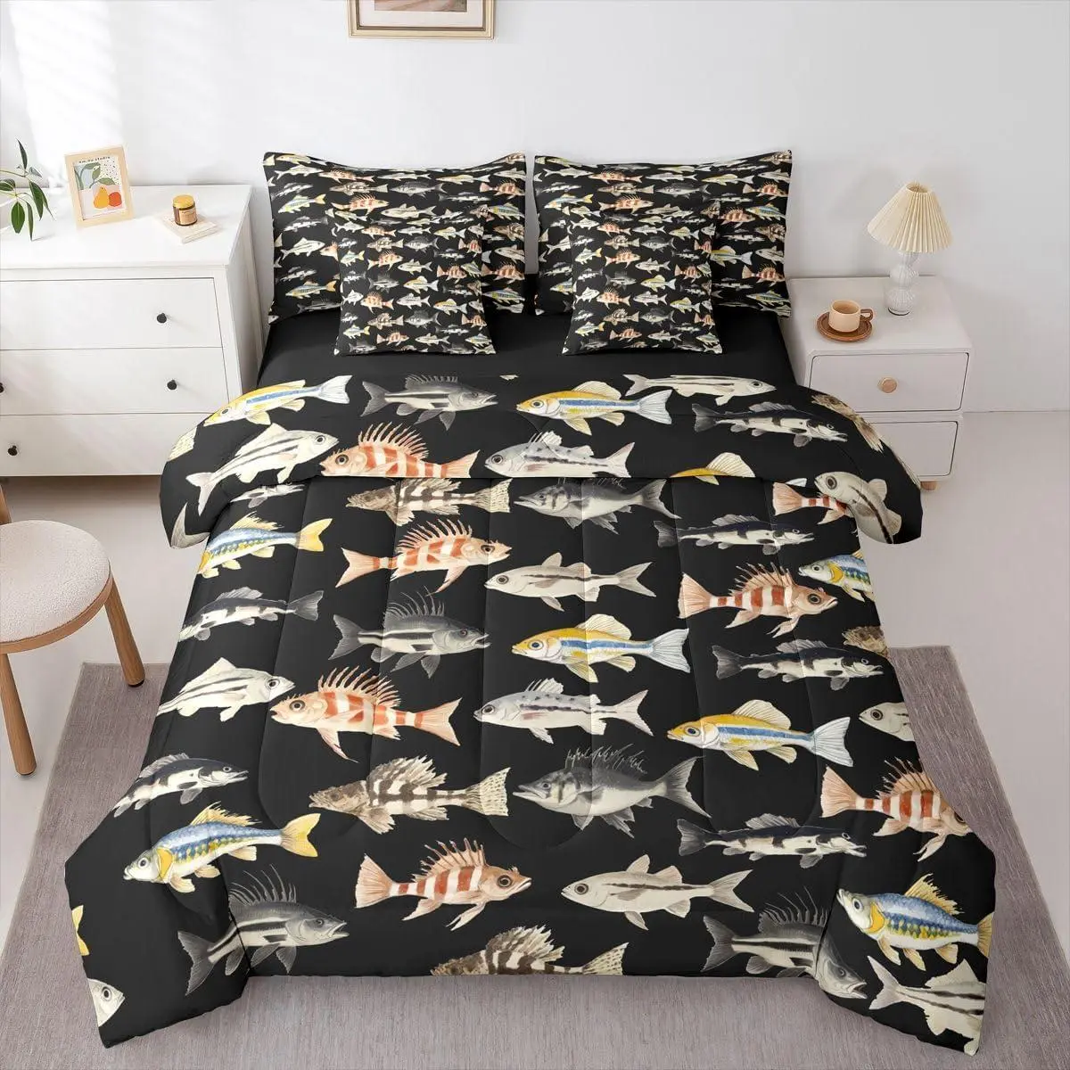 Feelyou 7-Piece Ultra-Soft Microfiber Bedding Set - Soft Comfy Blanket, Yellow Black Pike Fish Print, Breathable Sheets, Multi-Size Kids Boys Comforter, Rustic Farmhouse Cute Bedding Decor, Cute Bedding Sets