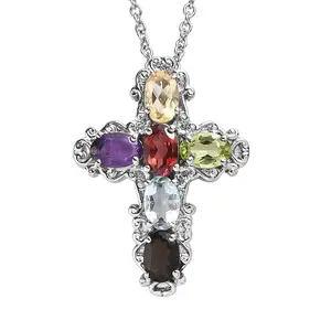 Multi Gemstone Pendant Necklace in Stainless Steel 3.65 ctw 20 Inches
