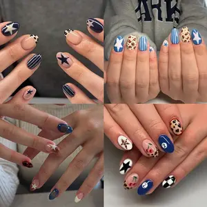 96pcs Short Oval Press-On Nail Set, Y2K Star Line Leopard Prints Gradient Design, Removable Acrylic Nails DIY Nail Art Kit, Glossy Finish