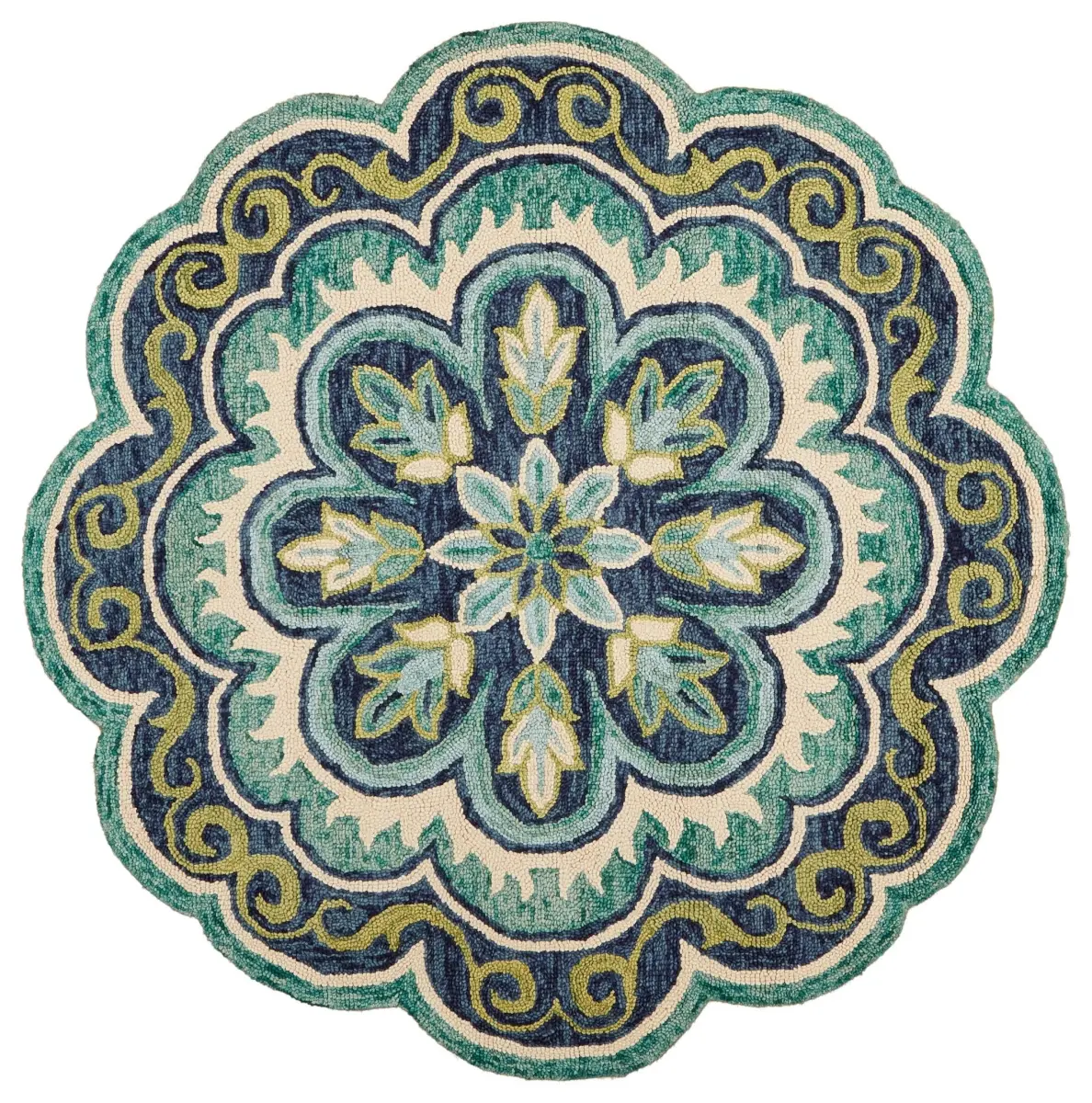 360 stand Decorative Floral Area Rug, Hand-Tufted Virgin Wool, Low Pile, Nature-Inspired, 6 ft. Round, Green Floral Artwork, High-Traffic Suitable, Decorative Rugs, Floral Area Rugs