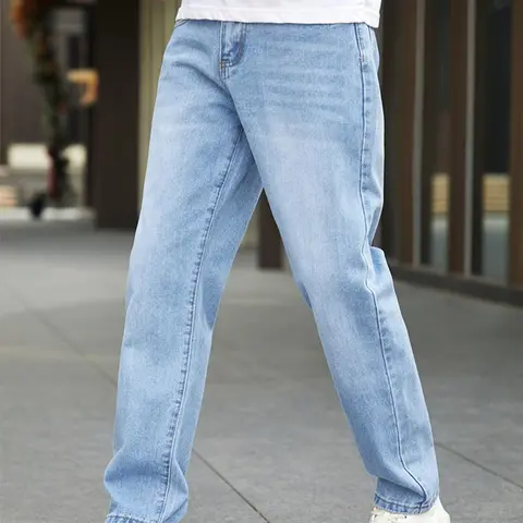 Men's Solid Color Light Wash Denim Jeans, Casual Comfy Straight Leg Design Jeans for Daily Wear, Woven Bottoms for All Seasons, Menswear Pants Streetwear, Casual Washed Denim, Denim Look Jeans