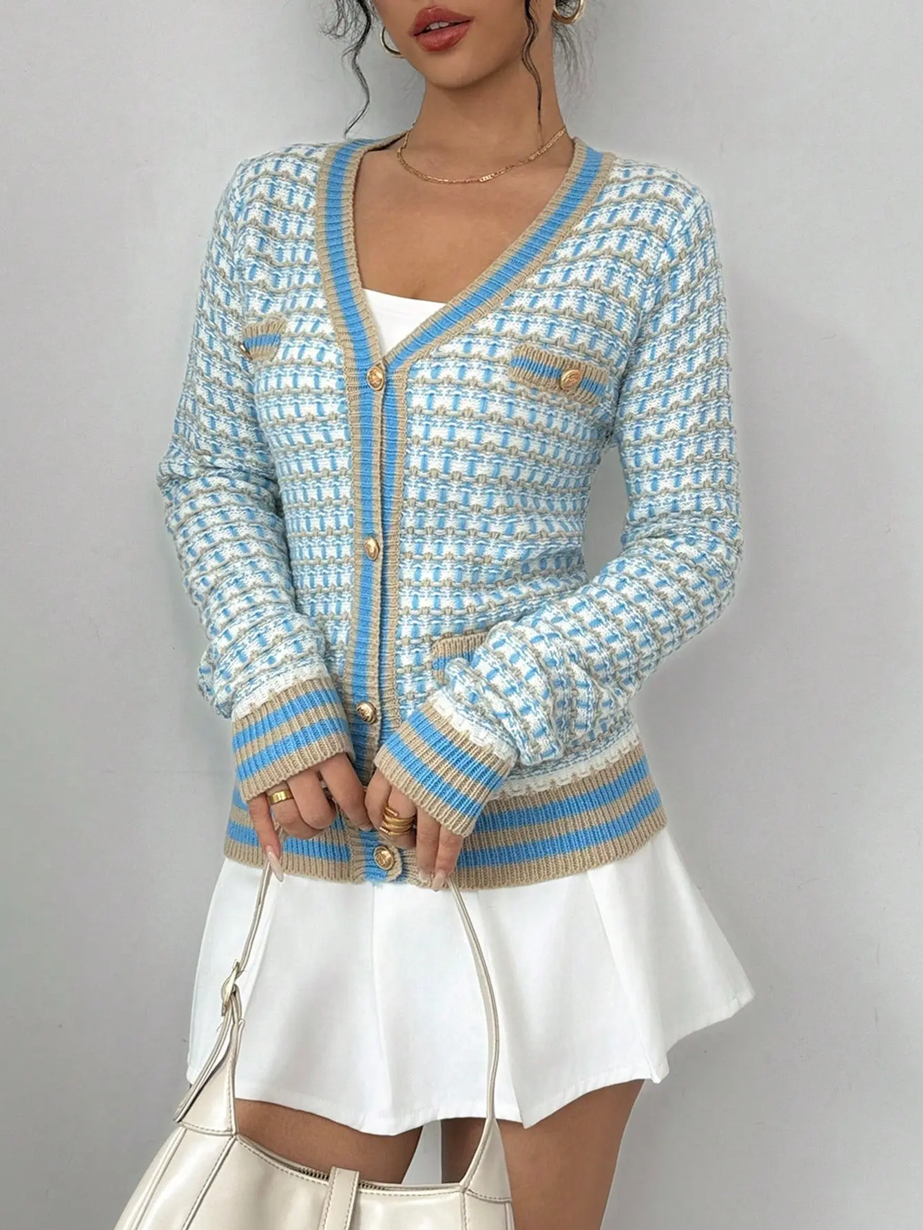 Women's Parisian Style Knitwear Cardigan - Chic Lightweight Houndstooth Striped V-Neck Long-Sleeve Tops with Pockets, Knit Fabric for Elegance, Longsleeves, Retro, Button Front, Acrylic
