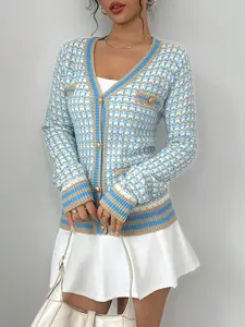 Women’s Houndstooth Knit Cardigan – Vintage V-Neck Button Down Sweater, Long Sleeve Casual Knitwear, Elegant Checkered Cardigan Top