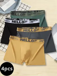 Athletic Men’s 4-Pack Polyester Fitted Boxers with Letter Logo Waist, Sweat-Wicking Stretchy Underwear for Gym Travel