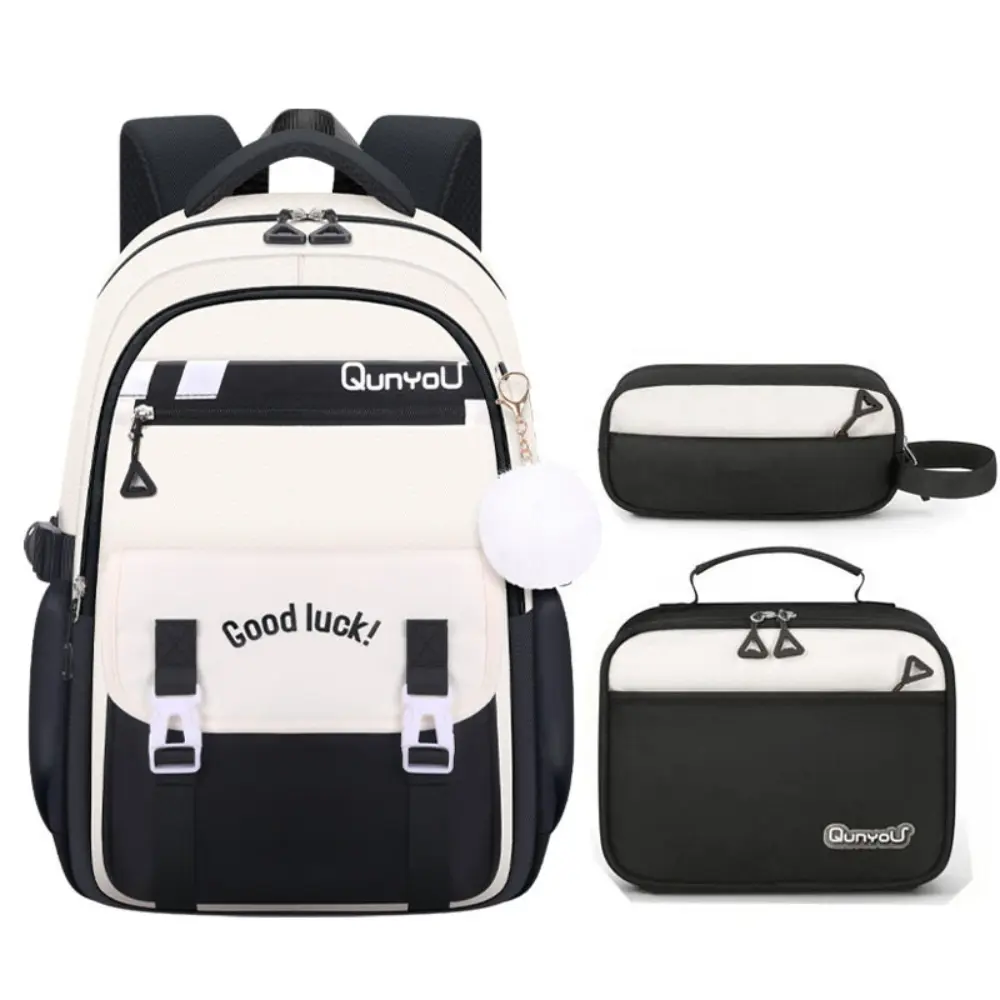 3Pcs Black White Color Block Girls Backpack Set, Large Capacity Anti-Theft Multi Zipper School Bookbag with Fluffy Pom Pom Charm, Matching Lunch Bag & Pencil Case, Water Resistant Lightweight Casual Daypack for Teen Women Students