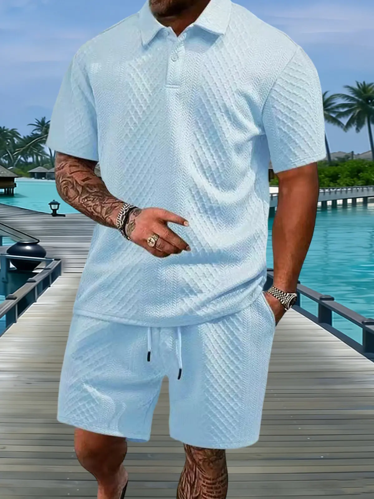 Men's Casual 2 Piece Sets | Textured Knitting Short Sleeve V-Neck Polo Shirt and Drawstring Shorts for Summer Holiday, Men's 2 Piece Sets, Short Sleeves