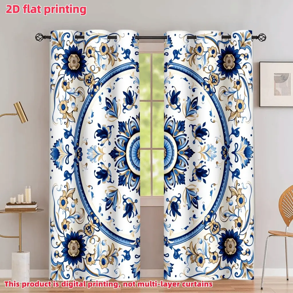 2D Flat 2Pcs Mediterranean-Style Mandala Print Curtains, Elegant Blue and White Floral Pattern, Semi-Shading Privacy Drapes, Grommet Top Window Treatment for Living Room, Bedroom, Dining, Home Decor, Kitchen Accessory, Anti Privacy.