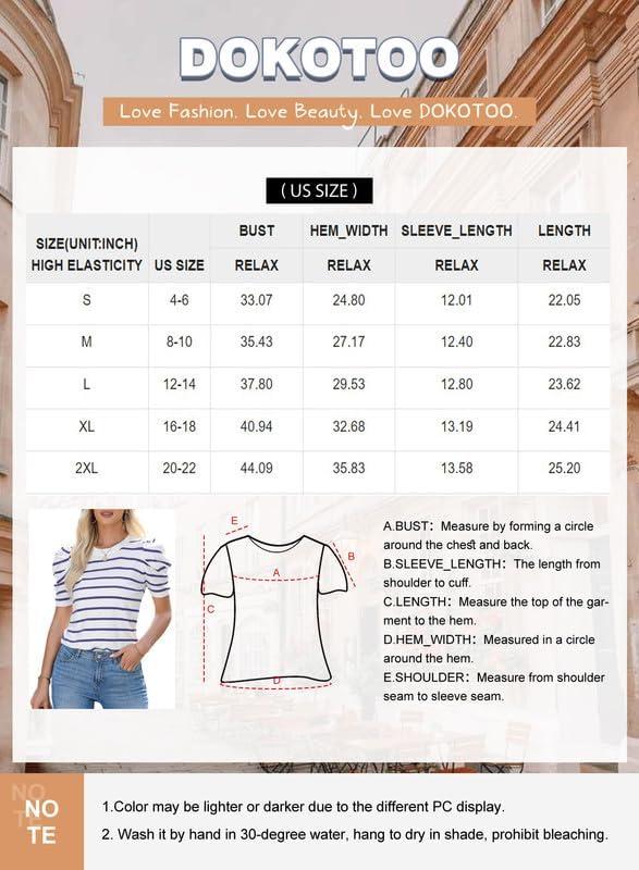 Dokotoo Women's Short Puff Sleeve Knit Tops 2026 Trendy Crewneck Striped T Shirts Casual Summer Blouses