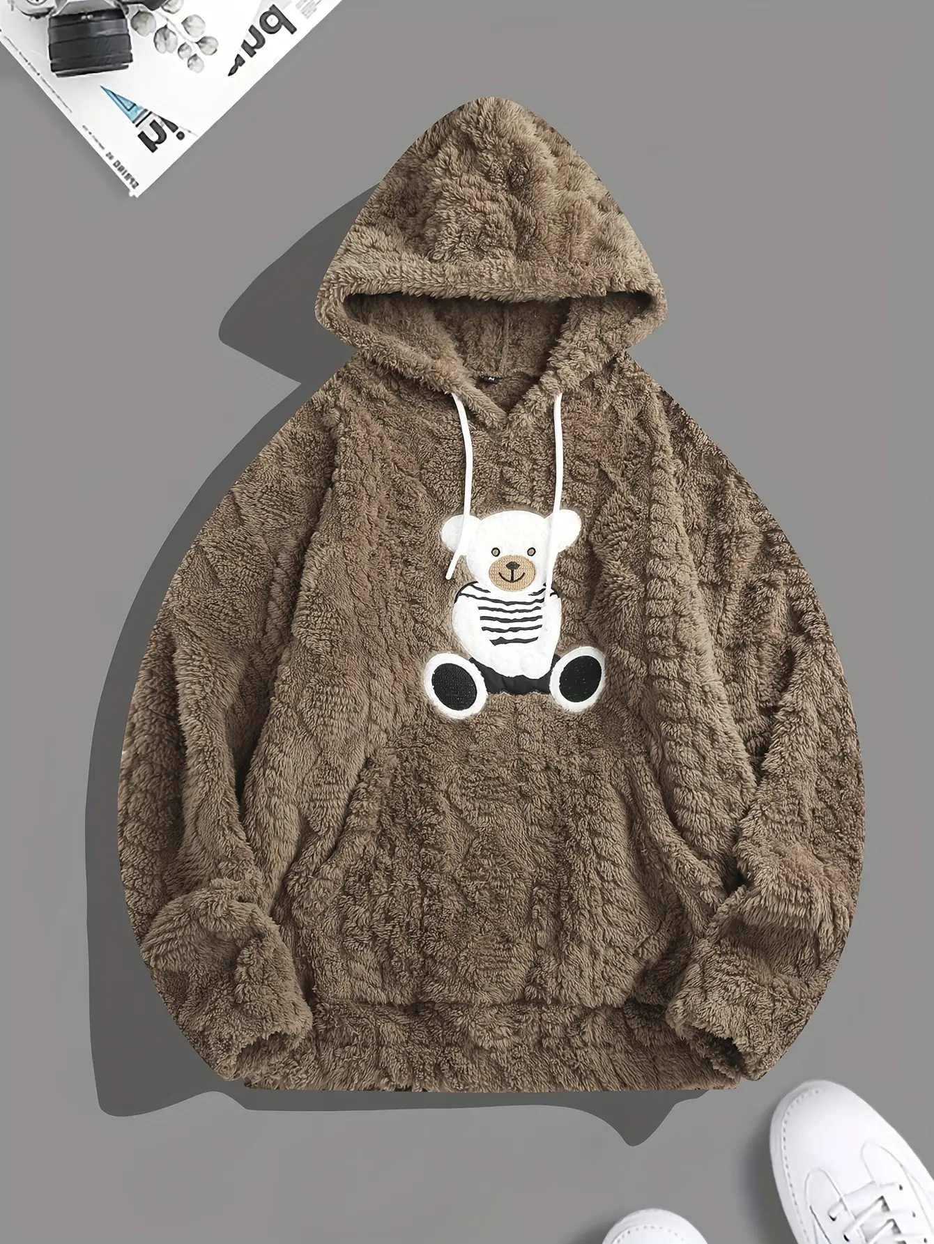 Men's Bear Embroidery Baggy Fleece Hoodie - Casual Loose-Fit Long-Sleeve Pullover Sweatshirt with Kangaroo Pocket for Lounging, Pocketed Top, Basic, Indoors, Preppy