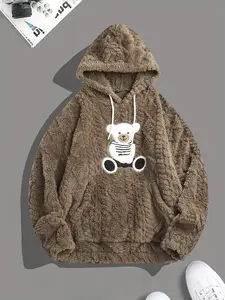 Men's Fleece Material Hoodie, Bear Embroidery, Casual Long Sleeve Tops with Pocket, Comfortable Menswear Sweatshirts for Home Use, Cozy Sweatshirt, Longsleeves