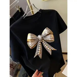 Y2K Women'S T-Shirt With Bow Print - Short-Sleeved Round Neck Tee Featuring Sparkling Decorative Patterns, Perfect For Casual Spring And Summer Wear, Regular Fit