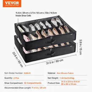 VEVOR Under Bed Shoe Storage Organizer, Set of 2, Total 32 Compartments, Underbed Shoes Closet Storage Solution with Clear Window, Breathable, Foldable Fabric Container Box with Reinforced Handles