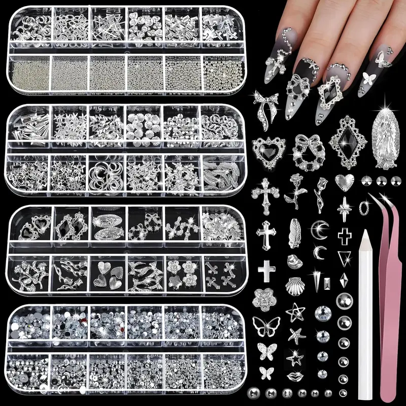 Silver Nail Charms & Gems Multi-Pack Kit - 4 Boxes with Rhinestones, 3D Y2K Accessories, Cross Charms, Star Decor, Caviar Beads, Elevates Looks, Adds Elegant Touch & Luxurious Finish for Nail Art Design