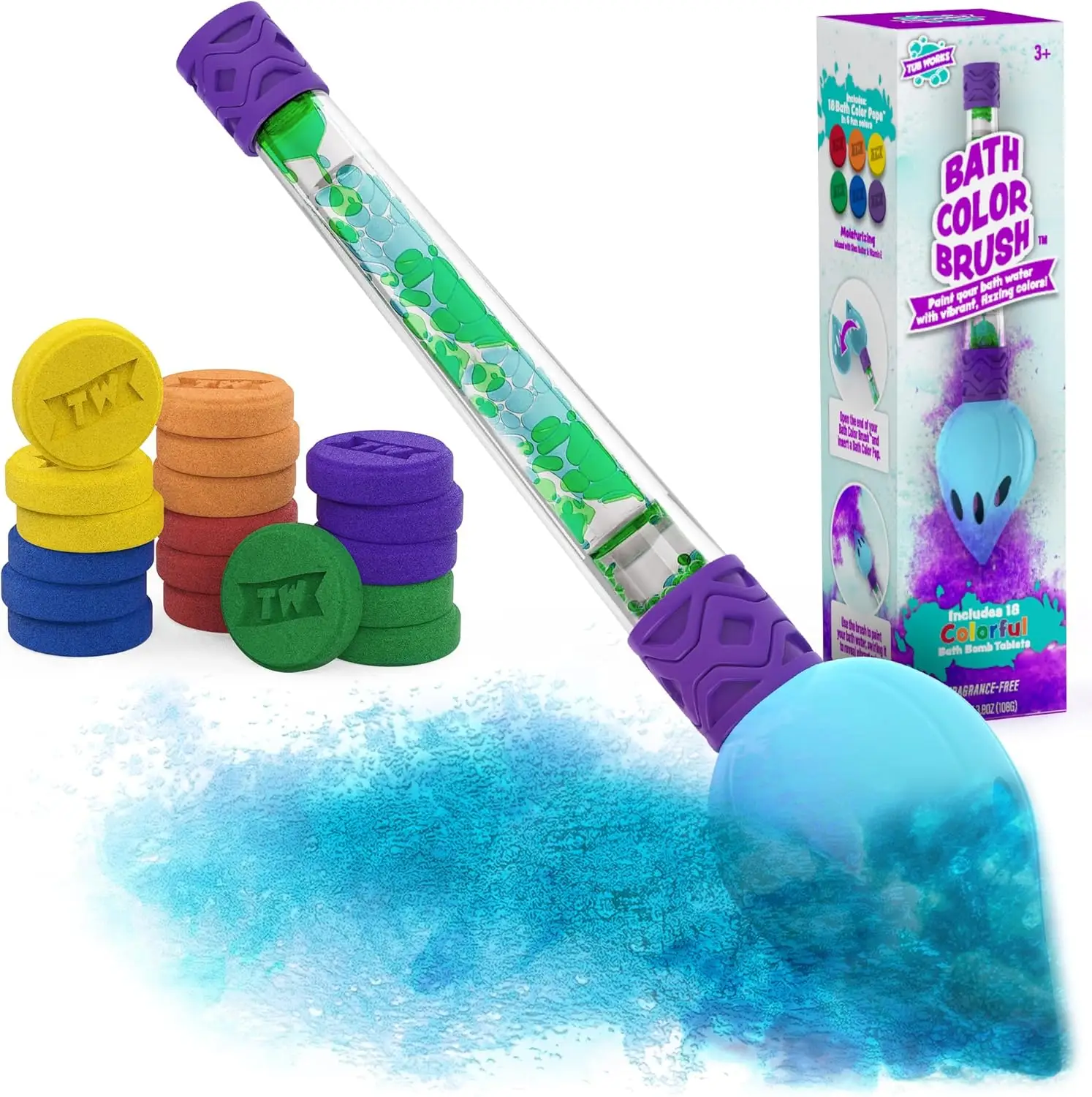 Tub Works Bath Color Brush Kids Bath Bomb Set – Use Brush to Paint Bathtub Water with Vibrant, Fizzing Colors – Creative, Mess-Free Bath Toy for Toddl