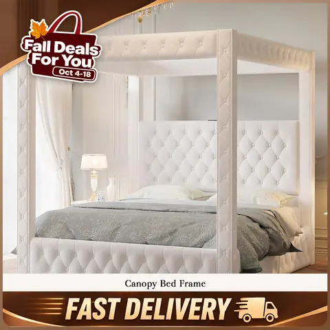 【King Size Shipped in 2 Boxes】AMERLIFE Canopy Bed Frame with 74.8" Tall Four-Post Design and 51.2" Deep-Tufted Velvet Upholstered Headboard with Charging Station/Modern Light-Luxury Style/No Box Spring Needed #SohoChic