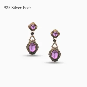 Vintage Victorian Purple Gem Dangle Earrings - Old Money Aesthetic Jewelry with 925 Silver Post