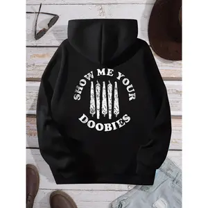 Men's Funny 420 Hoodie Show Me Your Doobies Sarcastic Graphic Print Long Sleeve Hooded Streetwear Casual Cool Weed Lover Gift