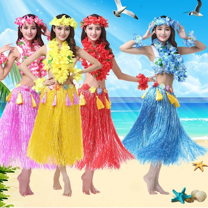 Women's 80cm Fully Thick Hawaiian 8-Piece Costumes Set - Flowing Hawaiian Dance Skirt, Matching Lei & Flower Crown (Women's Clothes, Childrens Day Festive & Party Supplies), Flowing Skirt